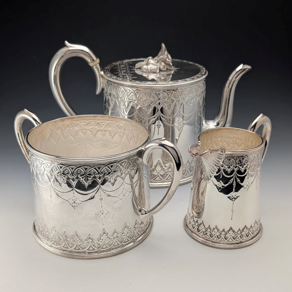 British antique Victorian silver plated drum teapot 3-piece set WILLIAM HOWE